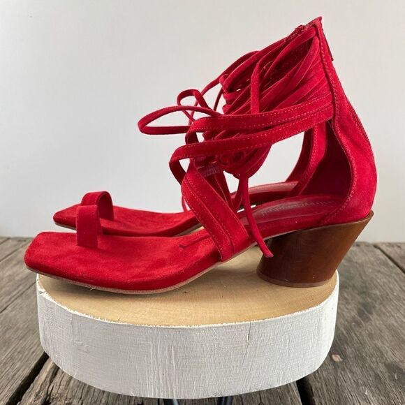 NWOT Jeffrey Campbell Red Leather Strappy Chunky Heels Size 7.5M - Picture 1 of 7
